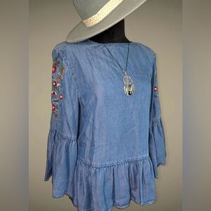 beachlunchlounge Blue Denim Blouse with Floral Embroidery
